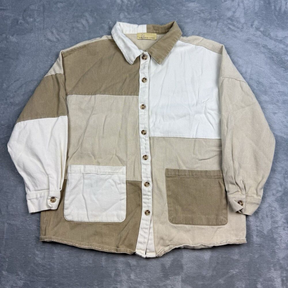 How Very Loved Patchwork Chore Jacket Women’s Small Beige Brown Colorblock
